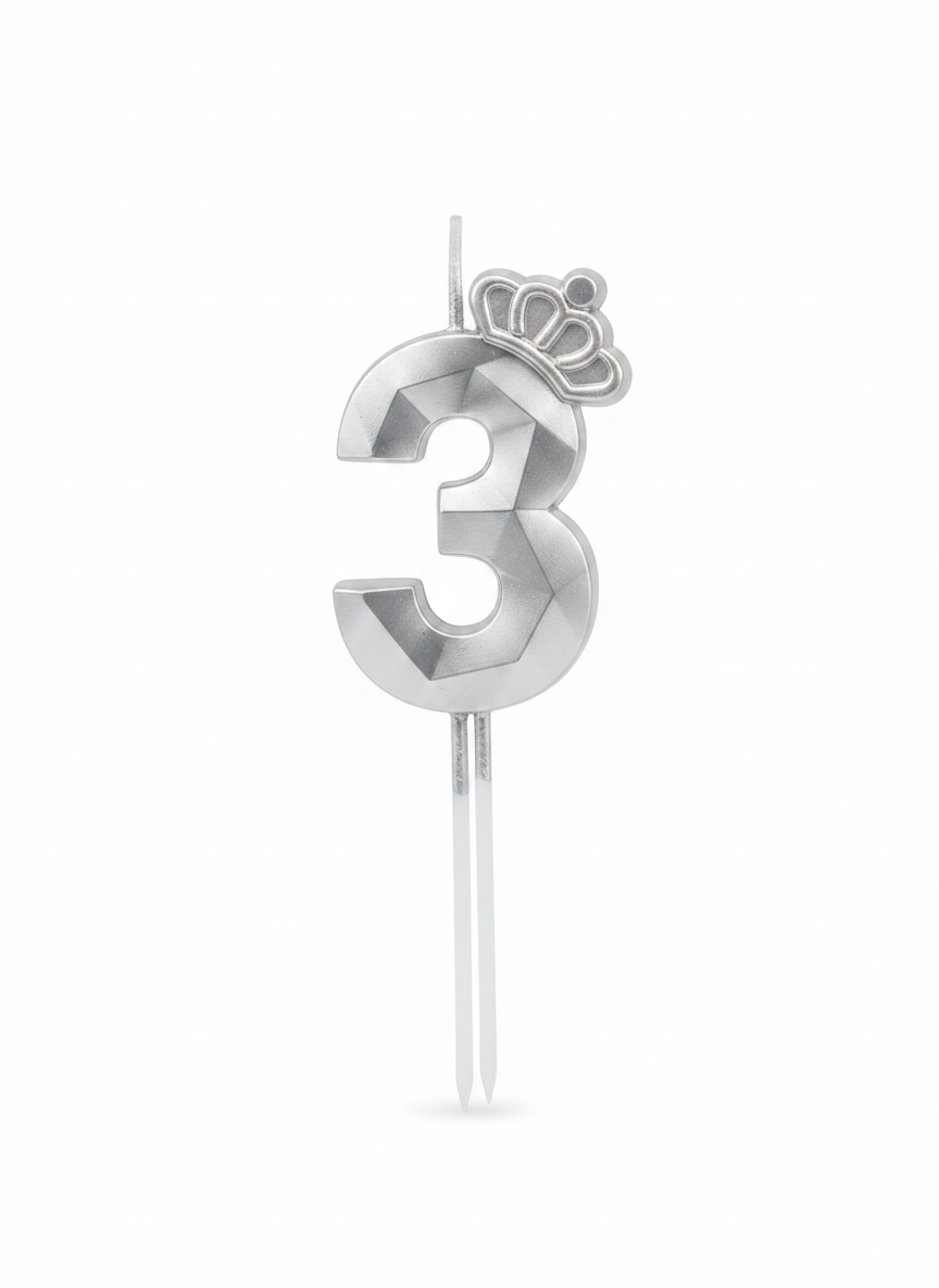 Happy Birthday Silver Number 3 Crown Candle