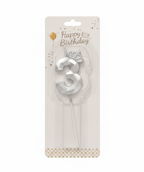 Happy Birthday Silver Number 3 Crown Candle