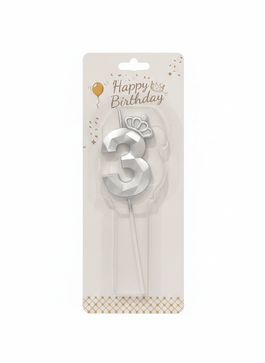 Happy Birthday Silver Number 3 Crown Candle