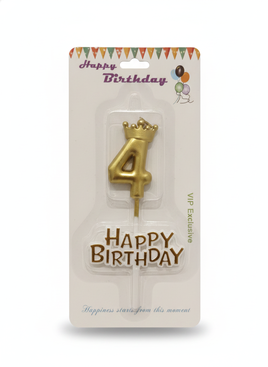 Happy Birthday Gold Number 4 Crown Candle & Topper Set