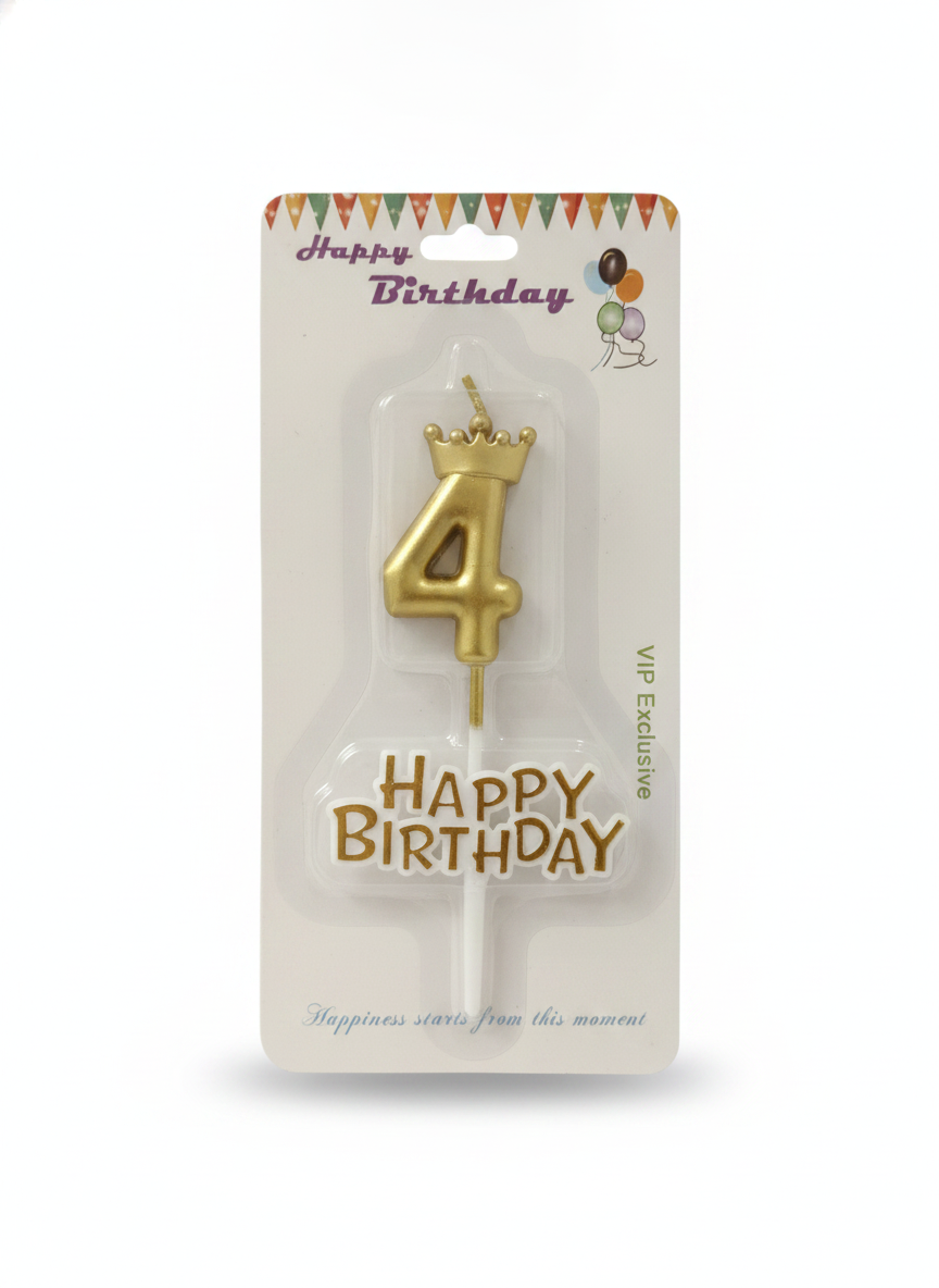 Happy Birthday Gold Number 4 Crown Candle & Topper Set