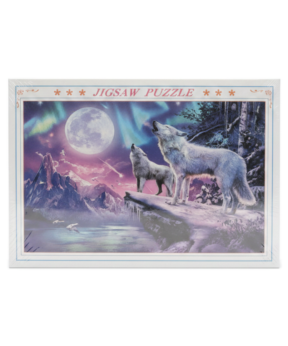Jigsaw Puzzle: Wolves Howling Under Aurora Moon