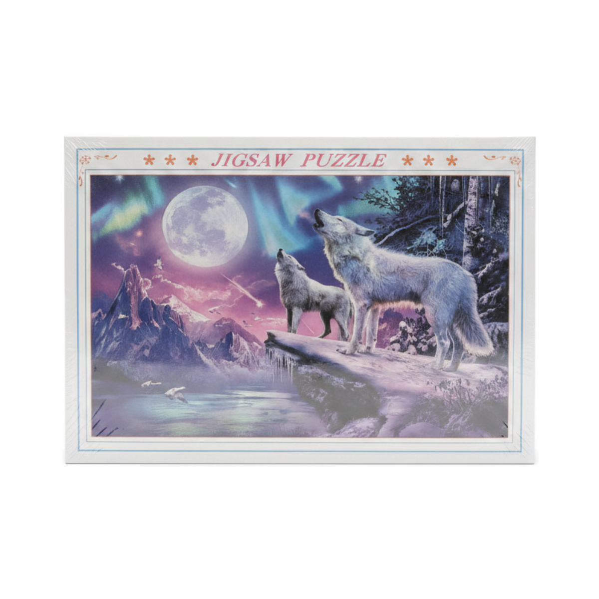 Jigsaw Puzzle: Wolves Howling Under Aurora Moon