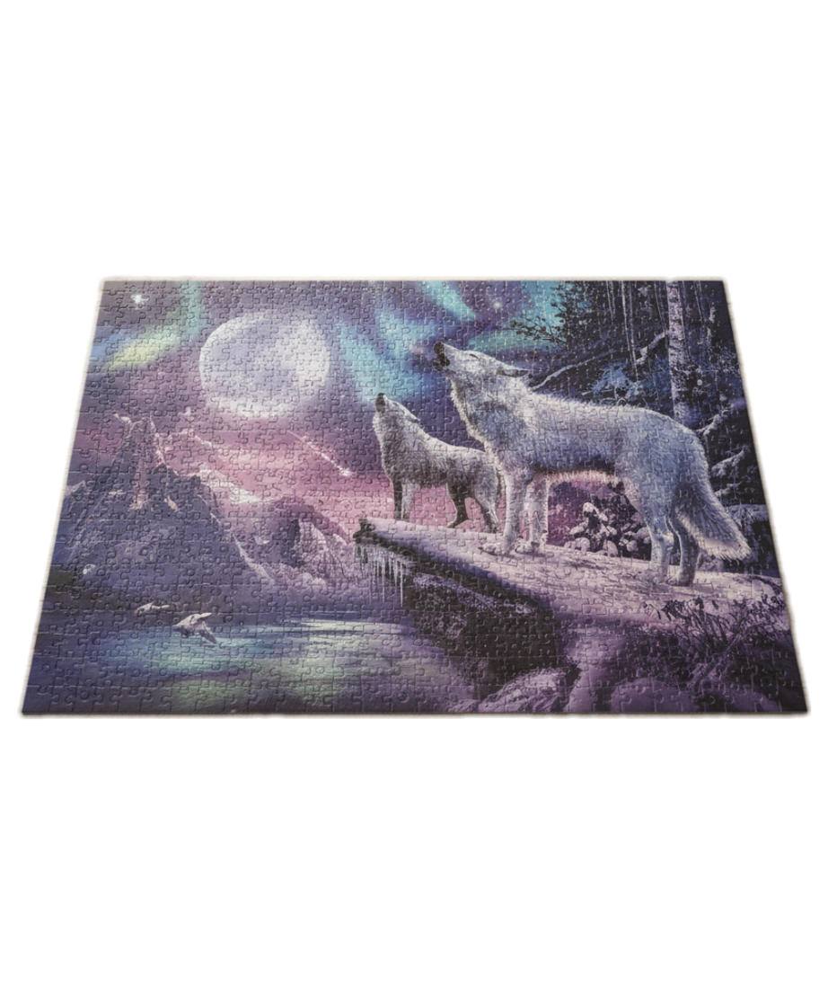 Jigsaw Puzzle: Wolves Howling Under Aurora Moon