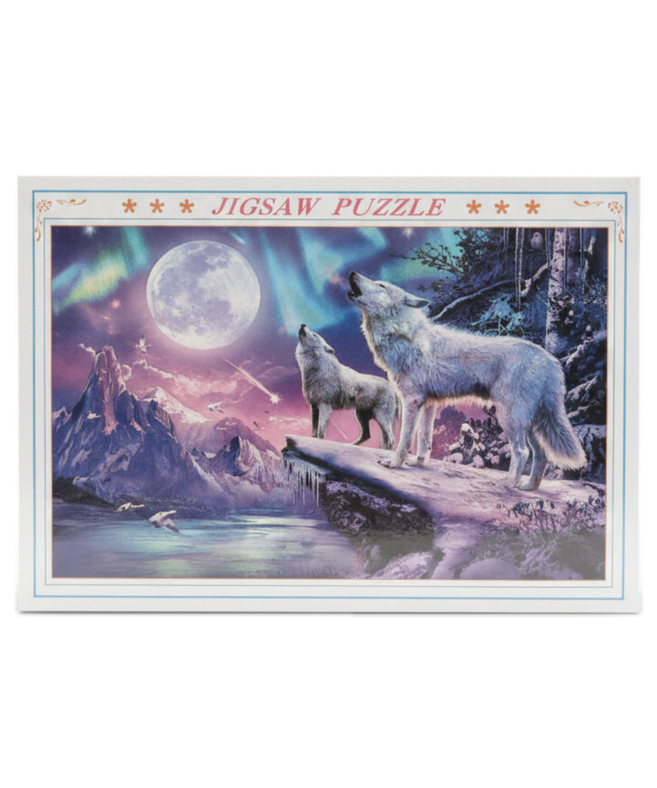 Jigsaw Puzzle: Wolves Howling Under Aurora Moon