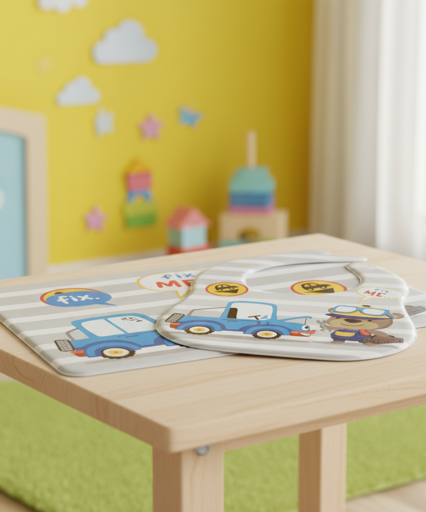 LA FRUTTA Baby Bibs & Eating Mat (Mechanic Bear & Truck Design)