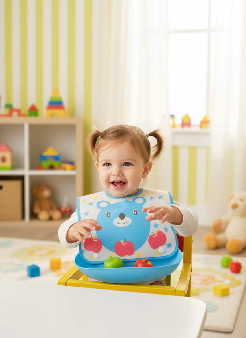 La Frutta Baby Silicone Bib with Food Catcher (Blue Bear Design)