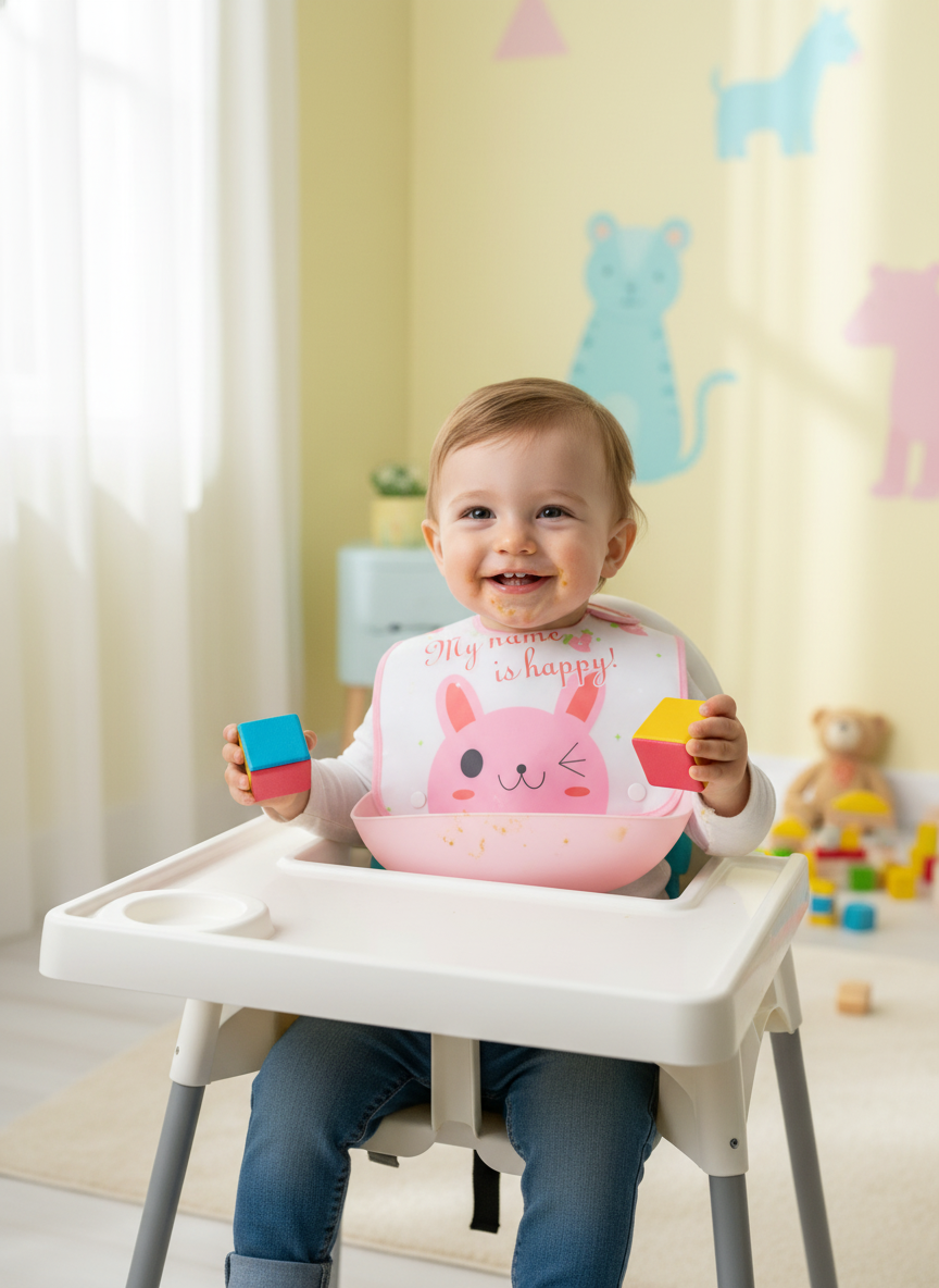Lady Frutta "My Name Is Happy!" Baby Bib with Catch-All Pocket