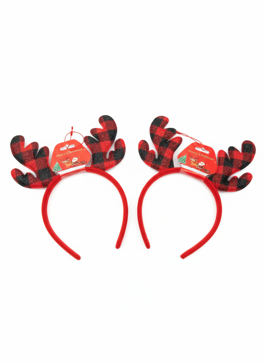 Merry Christmas Plaid Reindeer Antler Headband