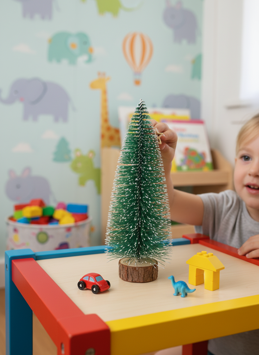 Miniature Frosted Artificial Christmas Tree with Wood Base