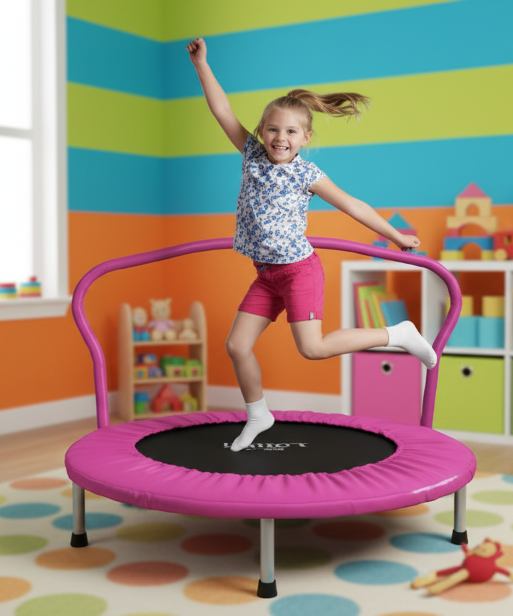 Pink Kids Mini Trampoline with Safety Handlebar