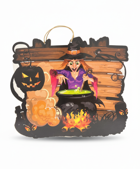 Spooky Witch Cauldron Halloween Hanging Sign