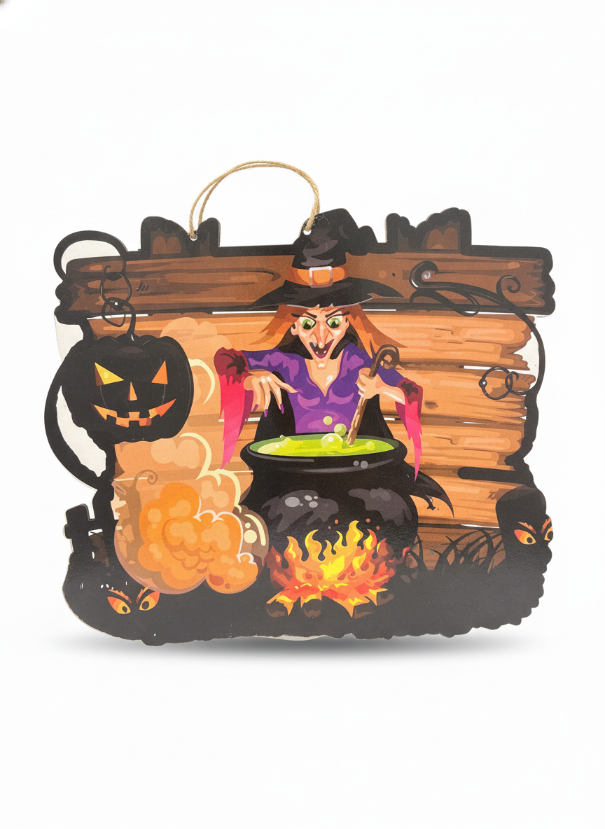 Spooky Witch Cauldron Halloween Hanging Sign