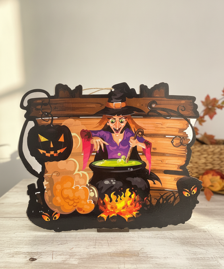 Spooky Witch Cauldron Halloween Hanging Sign