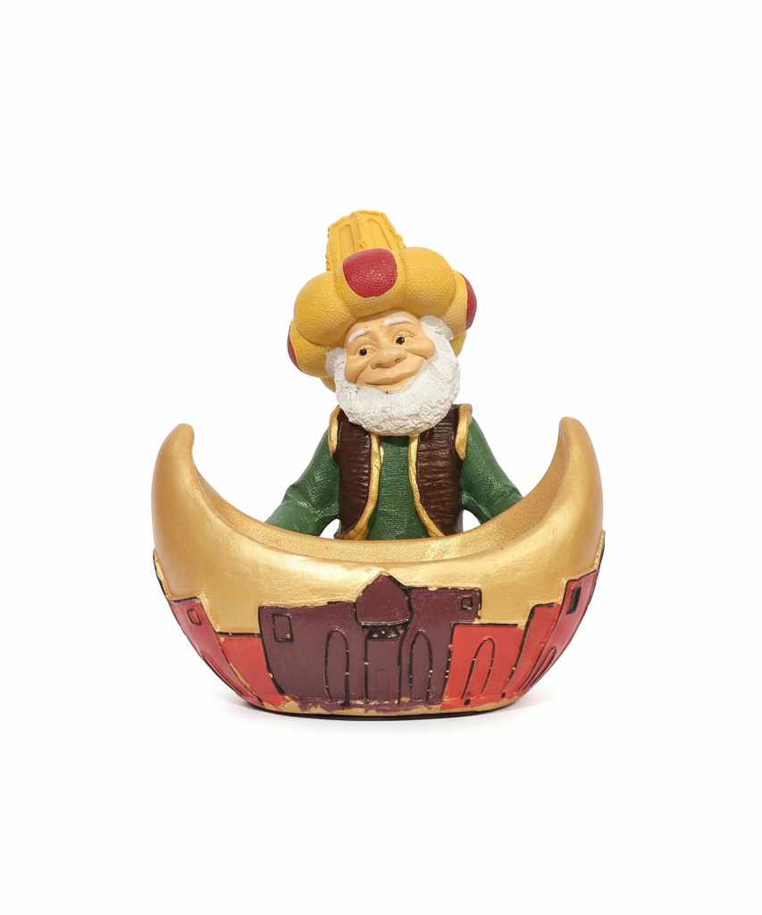 Whimsical Sultan in Golden Crescent Moon Boat Figurine