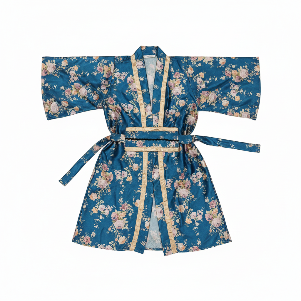 Japanese Women's Floral Satin Kimono Robe with Belt