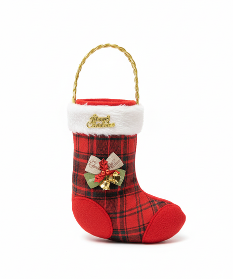 Festive Plaid Christmas Stocking with 'Merry Christmas' Charm & Jingle Bells For Candy