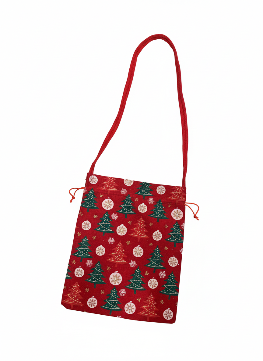 Festive Christmas Tree & Ornament Drawstring Shoulder Bag