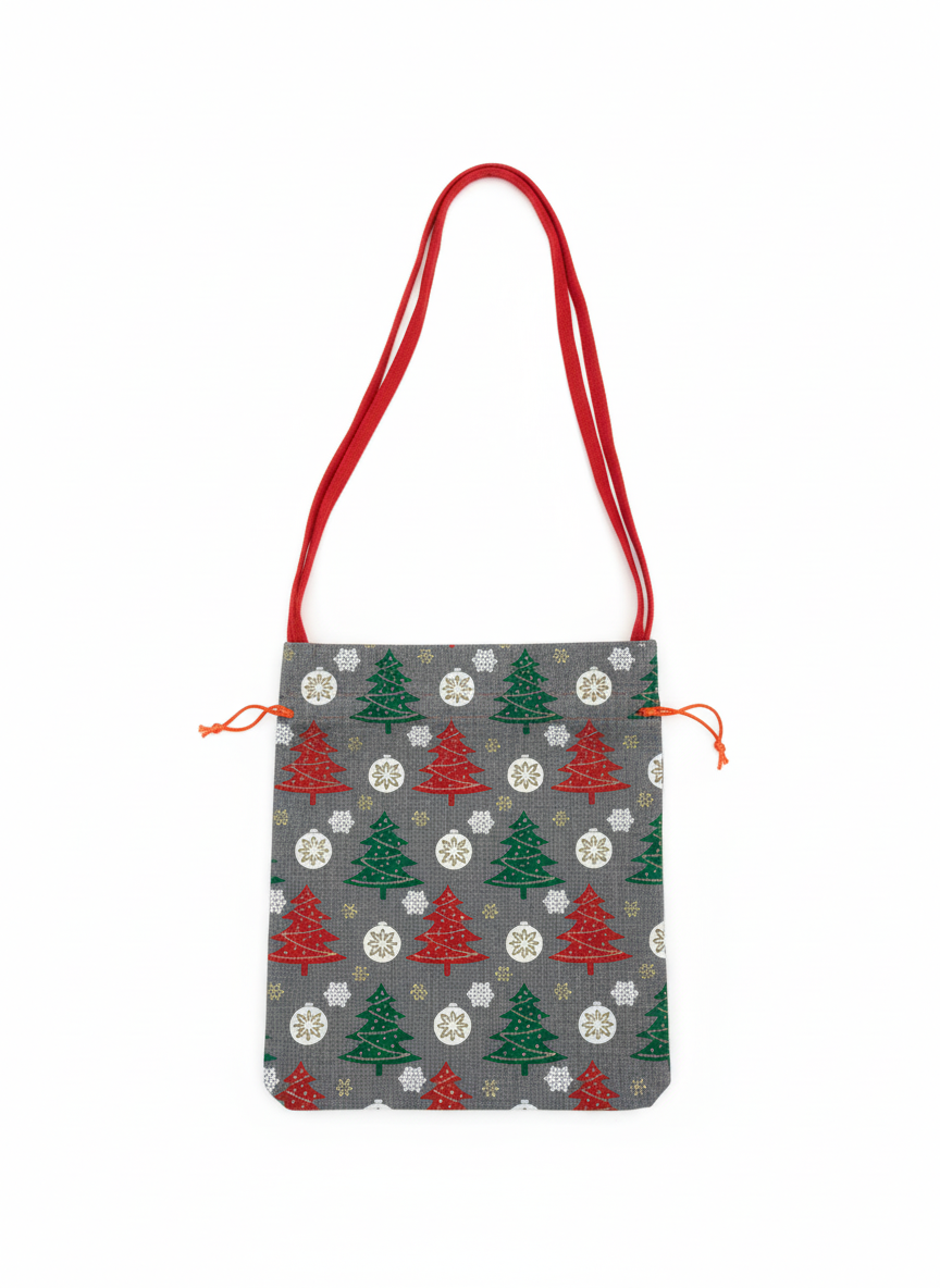 Festive Christmas Tree & Snowflake Drawstring Bag
