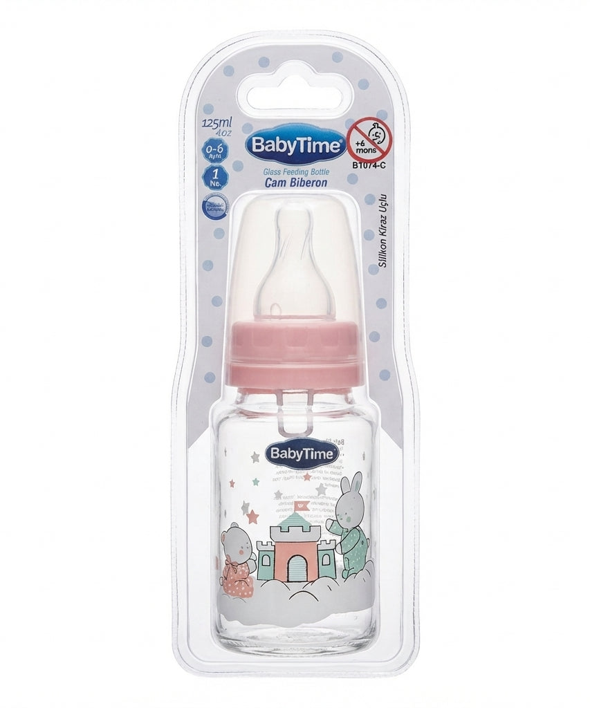 BabyTime Glass Feeding Bottle with Silicone Cherry Nipple, 125ml (0-6 Months)