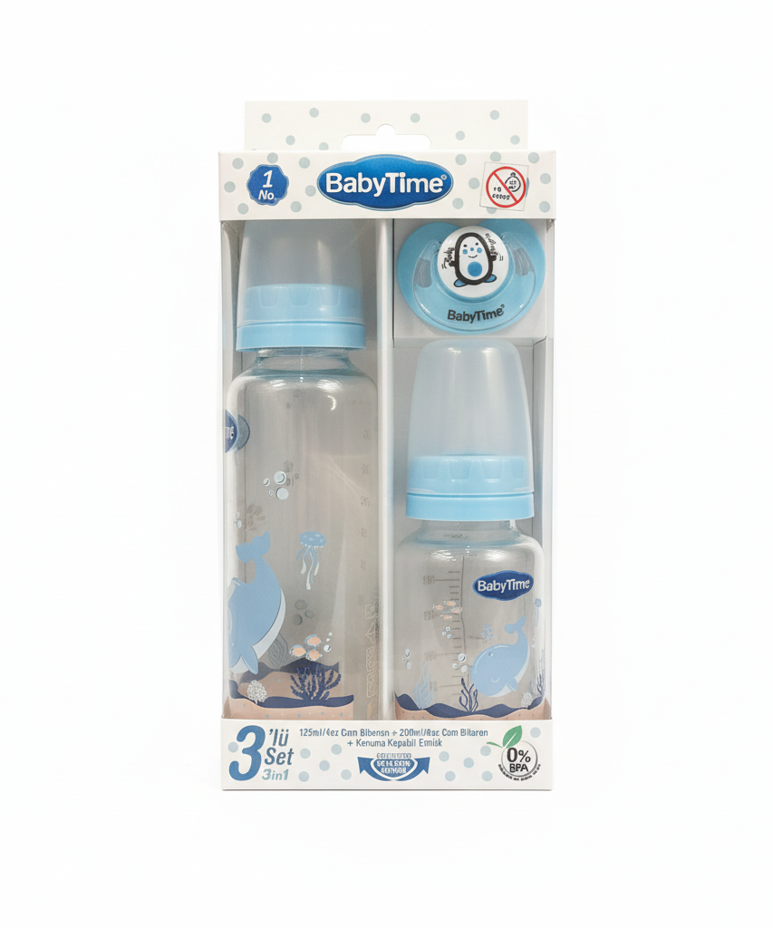 BabyTime 3-in-1 Glass Feeding Bottle and Pacifier Set