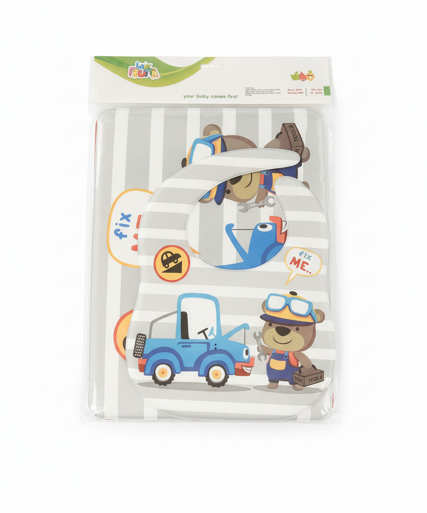LA FRUTTA Baby Bibs & Eating Mat (Mechanic Bear & Truck Design)