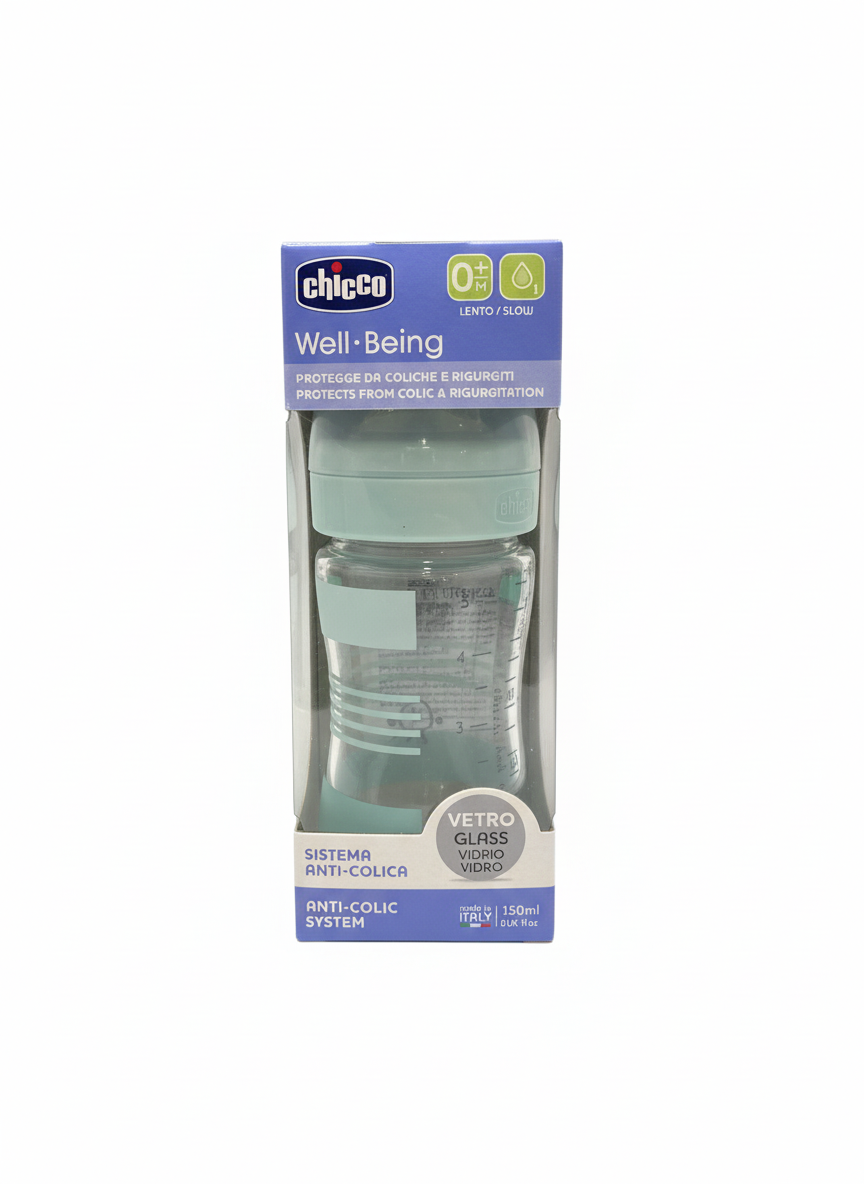 Chicco Well-Being Glass Anti-Colic Feeding Bottle 0+M, 150ml