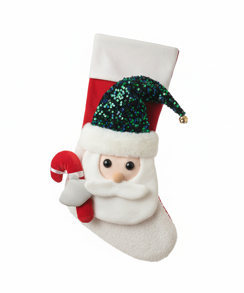 Plush Santa Christmas Stocking with Sequin Hat