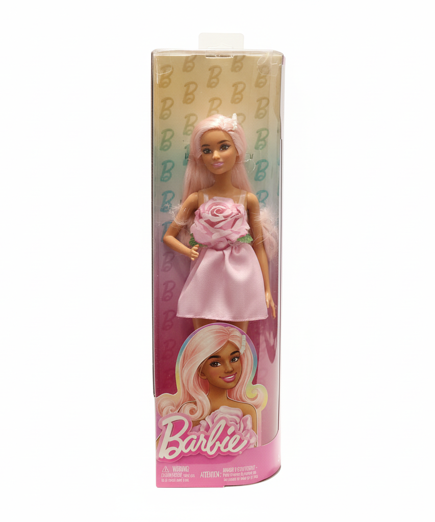 Barbie Doll with Pink Hair and Rose Dress
