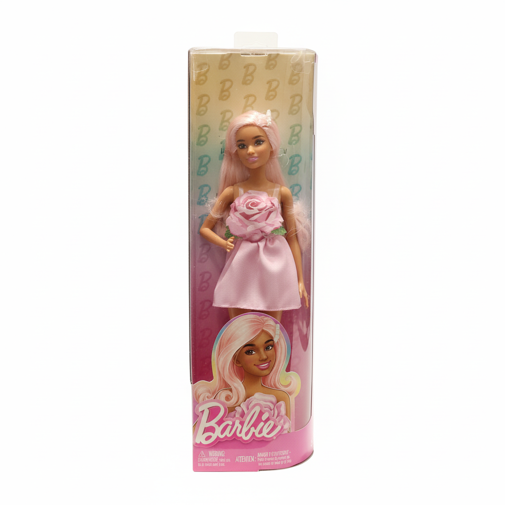 Barbie Doll with Pink Hair and Rose Dress