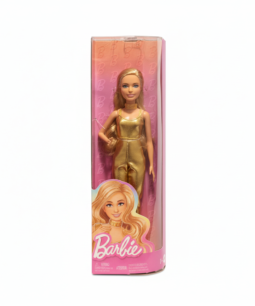 Mattel Barbie Fashionistas Doll #222, Petite with Blonde Wavy Hair, Golden Jumpsuit, 65th Anniversary
