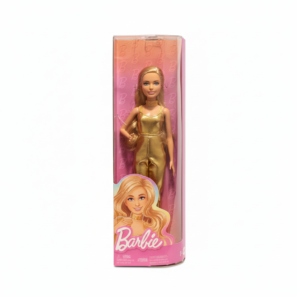 Mattel Barbie Fashionistas Doll #222, Petite with Blonde Wavy Hair, Golden Jumpsuit, 65th Anniversary