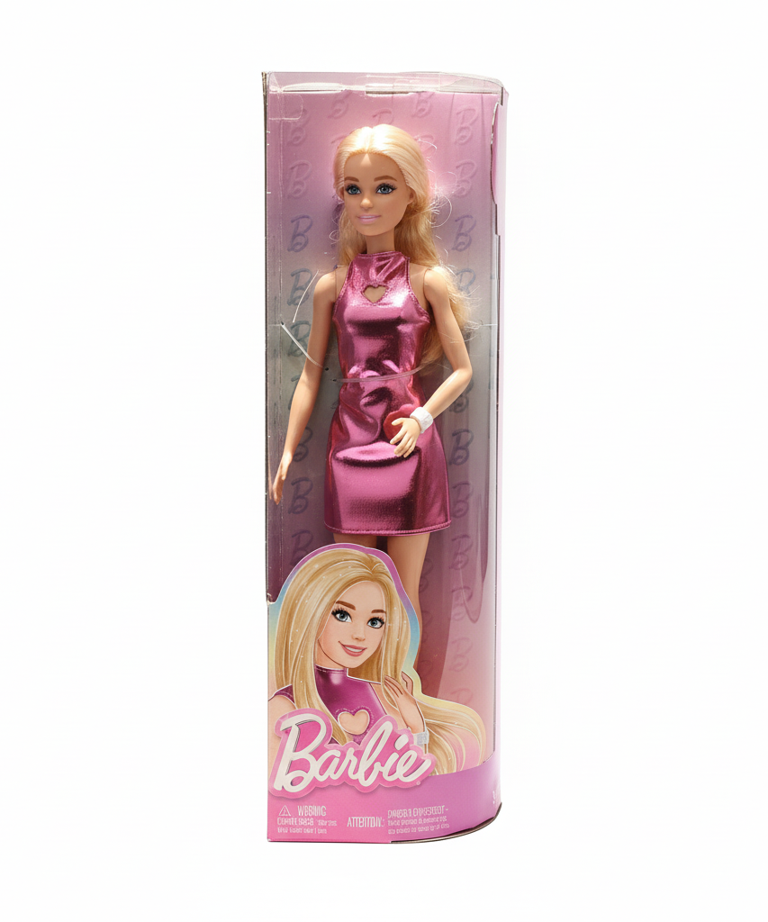 Barbie Doll in Metallic Pink Heart Cutout Dress