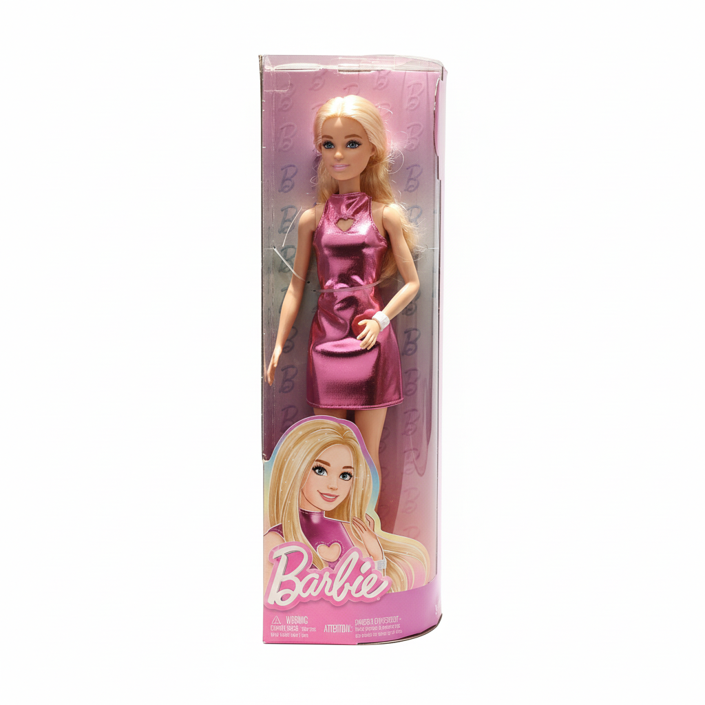 Barbie Doll in Metallic Pink Heart Cutout Dress