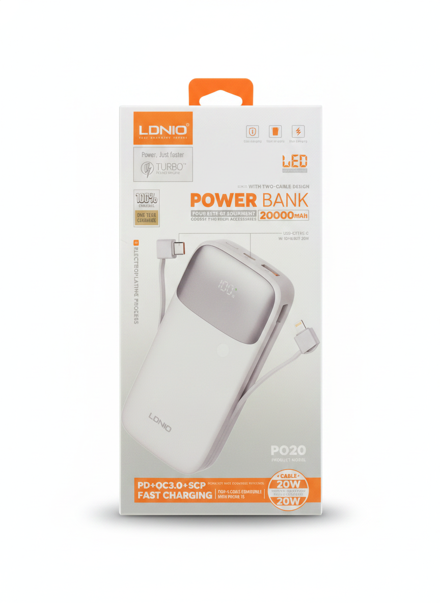 LDNIO PQ20 20000mAh Dual-Cable Fast Charging Power Bank