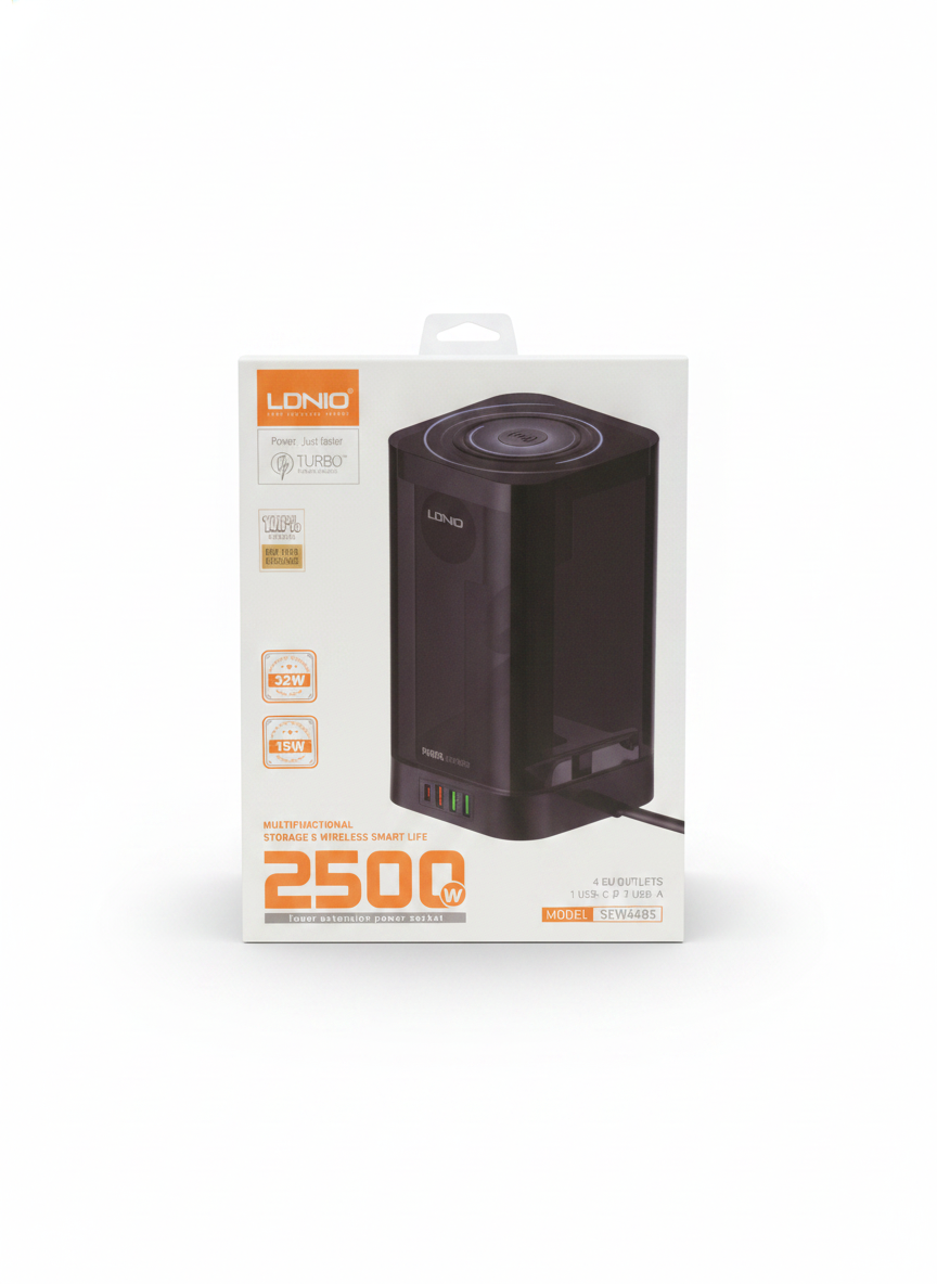 LDNIO Multifunctional 2500W Power Extension Socket with 15W Wireless Charging (Model SEW4485)