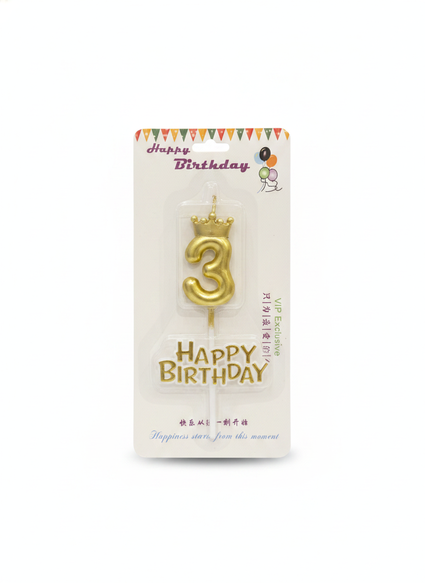 Gold Crown Number 3 Happy Birthday Candle