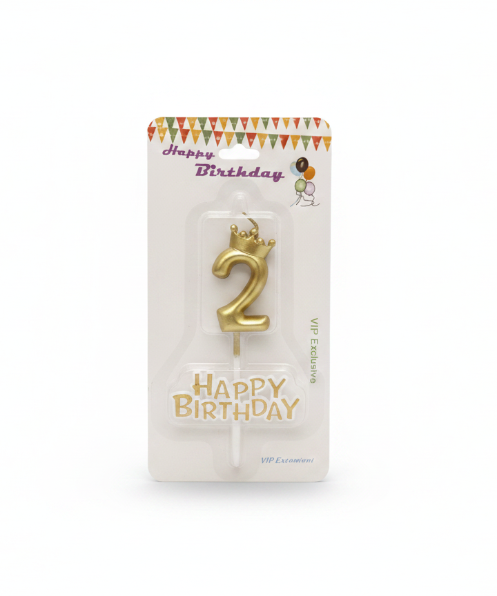 Happy Birthday Gold Number 2 Crown Candle Set