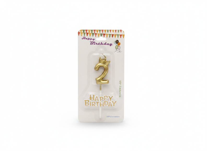 Happy Birthday Gold Number 2 Crown Candle Set