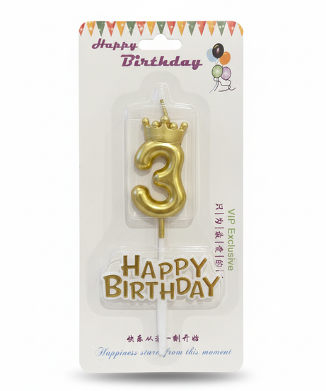 Happy Birthday Gold Number 3 Crown Candle & Topper Set