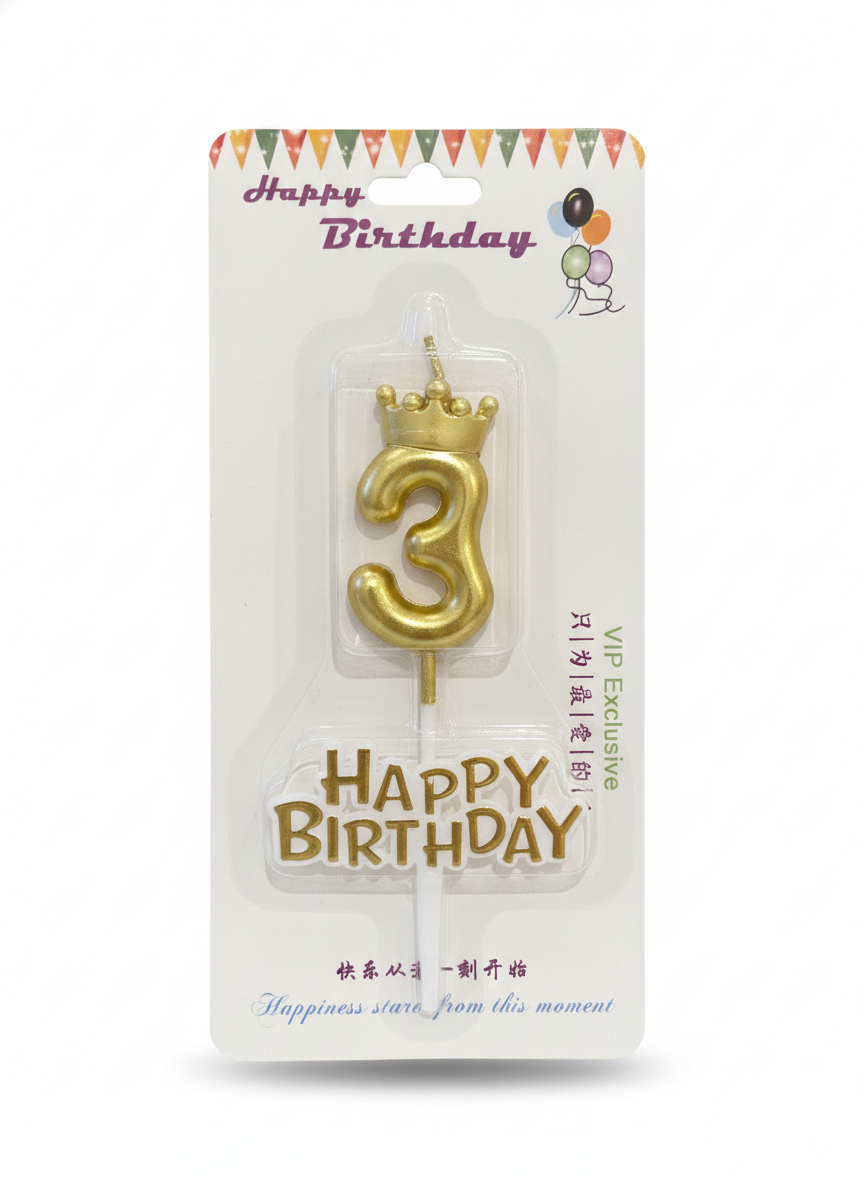 Happy Birthday Gold Number 3 Crown Candle & Topper Set