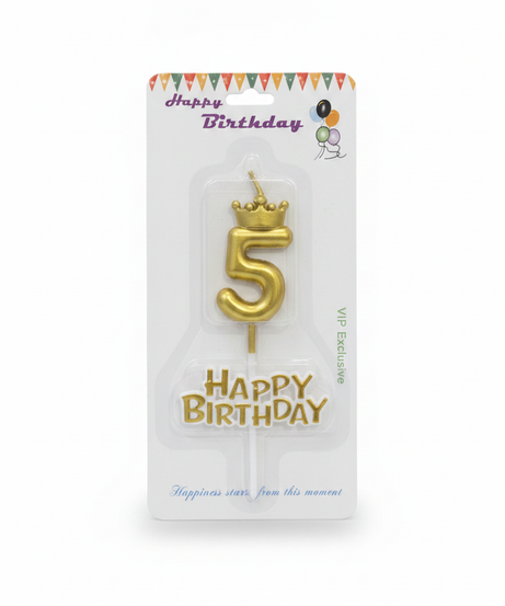 Happy Birthday Gold Number 5 Candle with Crown & Message