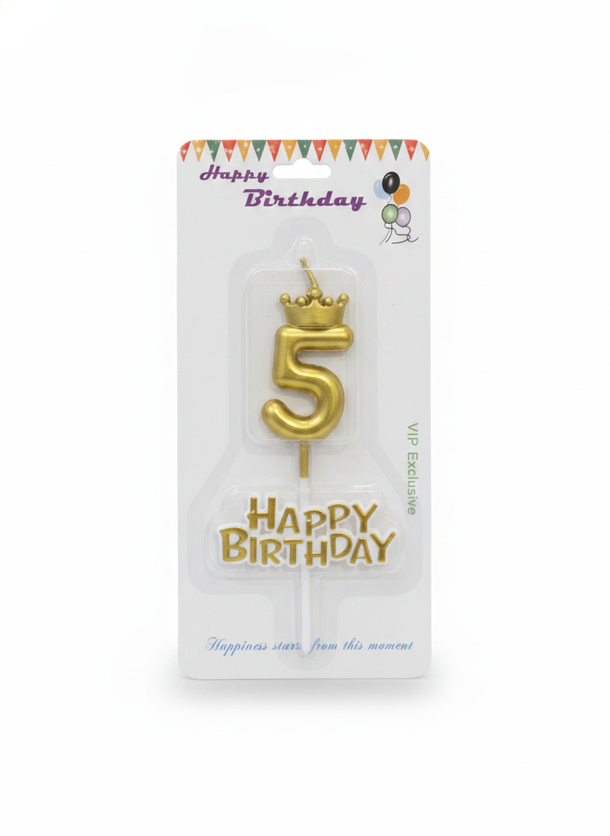 Happy Birthday Gold Number 5 Candle with Crown & Message