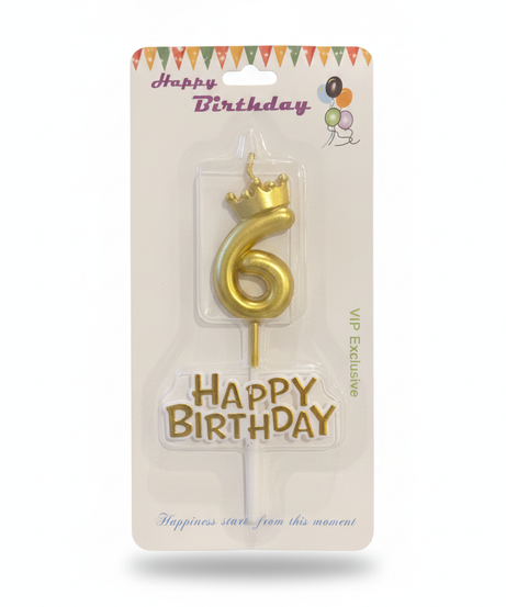 Gold Crown Number 6 Birthday Candle with Happy Birthday Topper