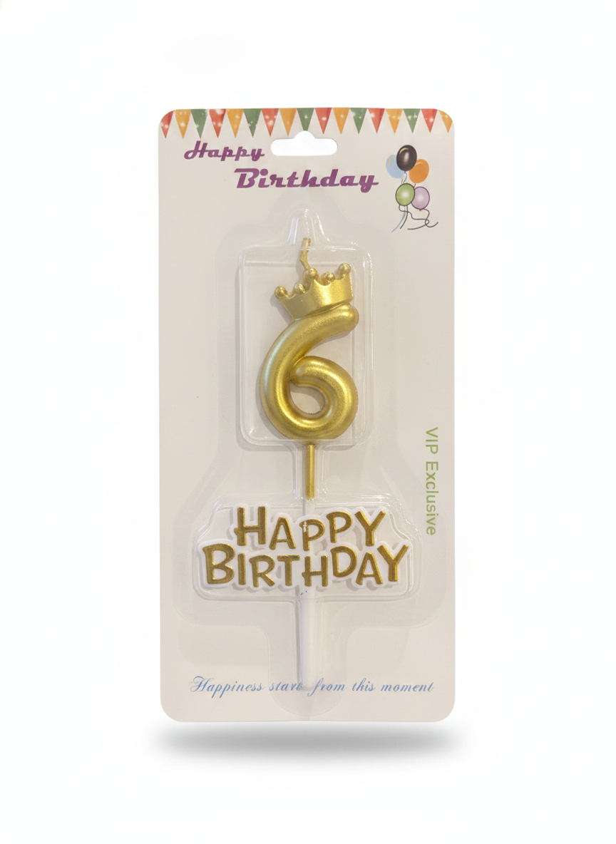 Gold Crown Number 6 Birthday Candle with Happy Birthday Topper