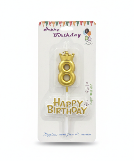 Happy Birthday Gold Crown Number 8 & Text Cake Candles Set