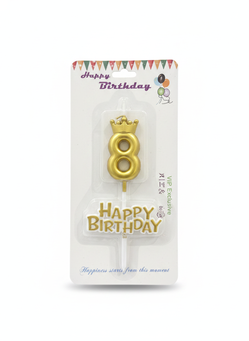 Happy Birthday Gold Crown Number 8 & Text Cake Candles Set