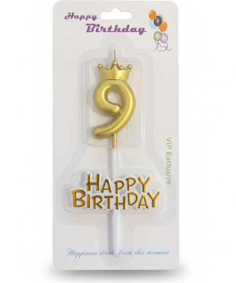 Gold Crown Number 9 & Happy Birthday Candle Set