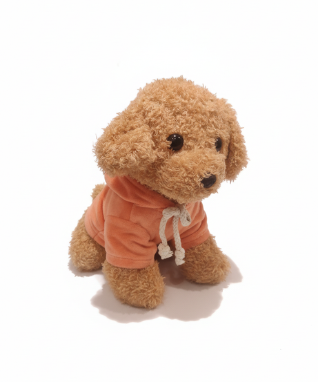 Curly Brown Plush Poodle Dog with Orange Hoodie (20cm)
