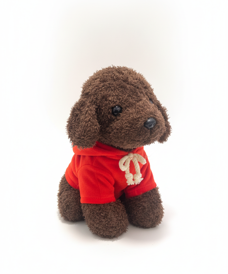 Fluffy Brown Plush Dog with Red Hoodie